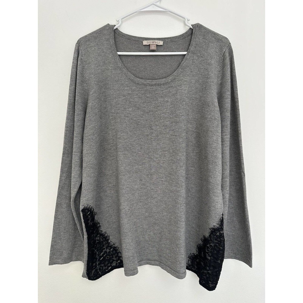 Roz & Ali Gray Black Lace Trim Scoop Neck Long Sleeve Pullover Sweater Top Sz 1X